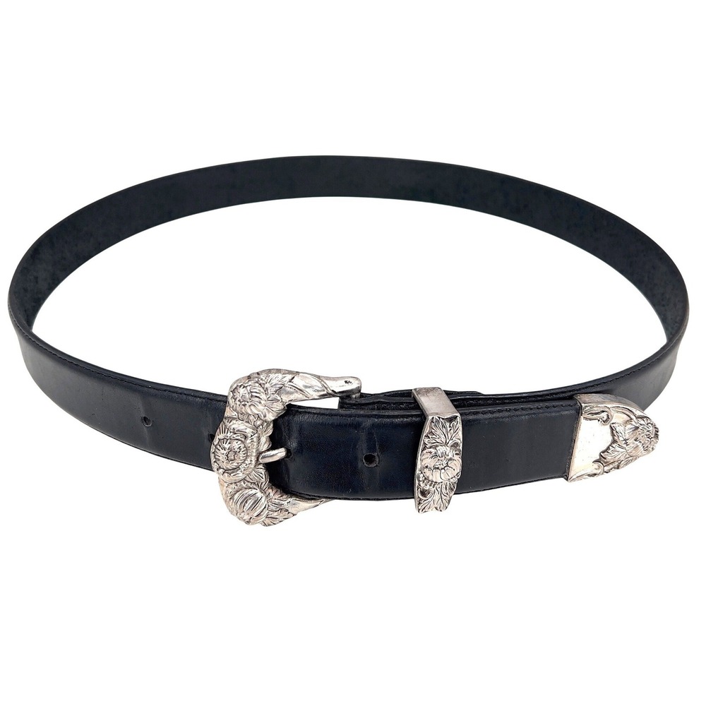 Womens M 32-34 Black Leather Belt Ornate Floral Silver Western Buckle Ranger